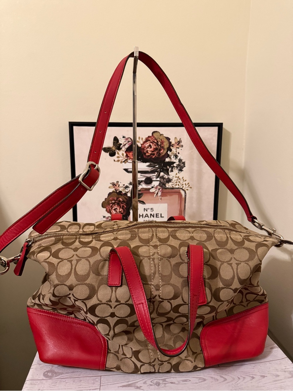 Vintage Coach Hadley Signature Canvas Satchel with Red Leather Trim - Picture 3 of 16